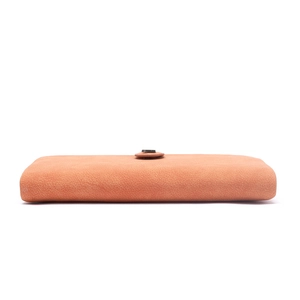 Side view of caramel long PU leather wallet featuring smooth edges and a dark metal clasp