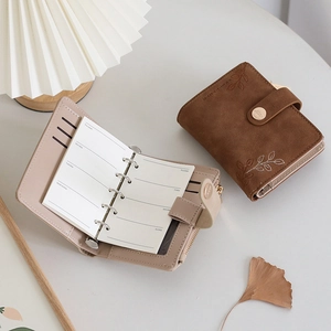 Vintage 2025 mini loose-leaf binder wallet with botanical leaf embroidery and card slots