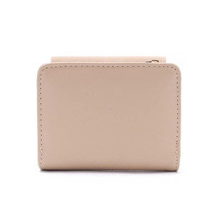 Detailed top view of a minimalist beige short wallet with fine stitching and metal zipper