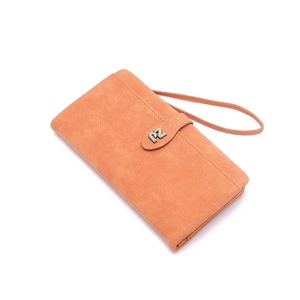Long peach orange matte leather wallet for women with wrist strap and metal clasp