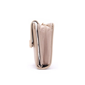 Detail view of the beige small wallet showing the zipper closure and folded snap structure