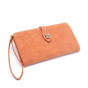 Long orange PU leather wallet for women featuring a wristlet strap and RZ logo snap closure