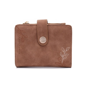 Detailed embroidery of leaves on a vintage brown PU leather bifold wallet with metal clasp