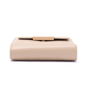 Side view of beige PU leather folding wallet showing gold buckle and precise white stitching