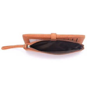 Long PU leather wallet for women with wrist strap and zipper pocket in light brown
