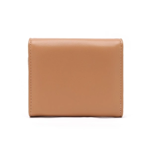 Detailed view of a tan leather tri-fold wallet with fine white stitching on plain background