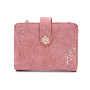 Detail of matte pink PU leather wallet with leaf embroidery and magnetic metal clasp