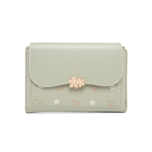 Floral print green PU leather fold wallet for women with flower buckle and wavy edge