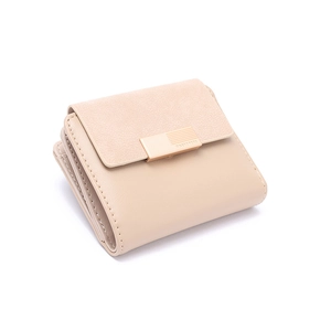 Detail of beige bi-texture trifold wallet showing the golden metal buckle and stitching