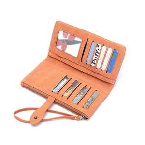 Long brown PU leather wallet for women with multi-card slots and a zipper pocket