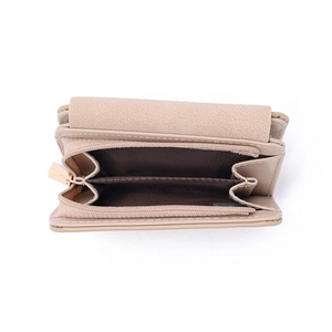 Short khaki wallet with matte finish showing internal coin zipper and card slots