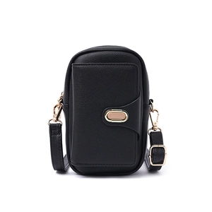 Detail of lychee pattern PU leather waist bag with double layer lock and gold metal hardware