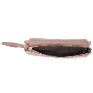 Detail view of khaki PU leather long wallet with wrist strap and brown fabric lining