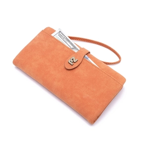 Vintage orange long wallet for women with matte texture and metal PJ logo wristlet strap