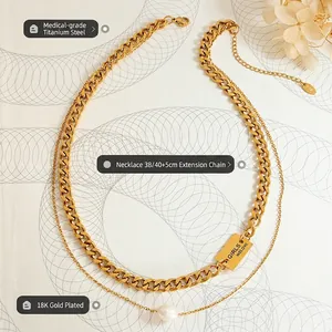 Double-layered 18K gold plated titanium necklace with Cuban chain, pearl and square pendant