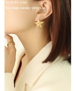 Detail of gold star-shaped earrings with 3D pyramid texture on elegant model