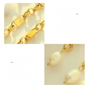 Detail showing 18K gold plated titanium steel links and freshwater pearl earrings