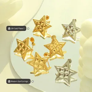 French vintage 18k gold plated star earrings with embossed check pattern on mirror