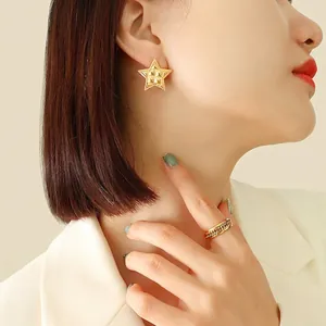 French retro gold star earrings and braided chain ring set for women in 18k titanium steel