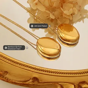 Collier à pendentif ovale plaqué or 18K avec une chaîne longue de 60+5cm pour femme
