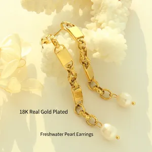 18K gold plated chain drop earrings featuring natural freshwater pearls for women
