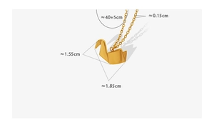 Tableau des tailles du pendentif grue en origami doré 18K et dimensions de la chaîne