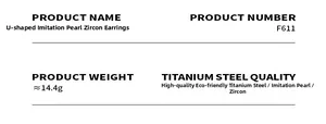 Detailed specs for U-shaped earrings with faux pearl and zircon in titanium steel
