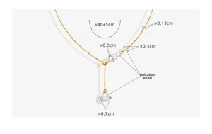 Detail view of gold pearl necklace with 40+5cm adjustable chain and sizes of pearls