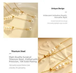 Detail of 18k gold plated titanium steel necklace featuring three white pearls