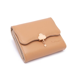 Short tri-fold light brown leather wallet for women with golden cloud clasp and wavy edges
