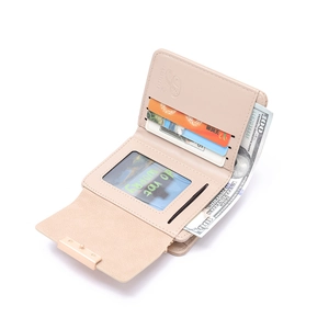 Women's compact beige wallet interior with card slots, photo window and bill compartment
