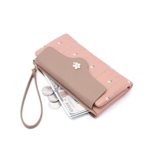 Women's long floral wallet with pink patchwork, coin pocket and portable wristlet strap