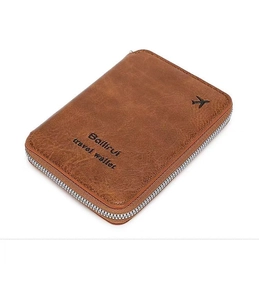 Close-up of brown litchi pattern leather travel wallet with airplane logo and zipper