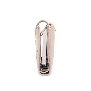 Beige faux leather loose-leaf binder wallet with metal rings and zipper closure