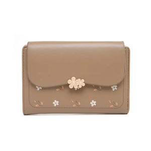 Detail of khaki PU leather wallet with floral print and double flower metal clasp buckle