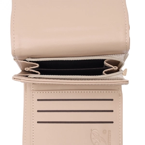 Short tri-fold beige leather wallet with flower pendant, zip coin pouch and card slots