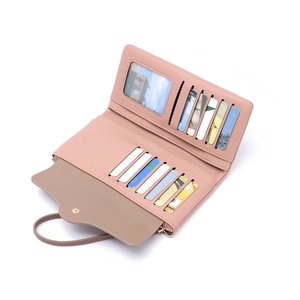 Morandi pink long bifold wallet with multiple card slots and metal zipper compartment