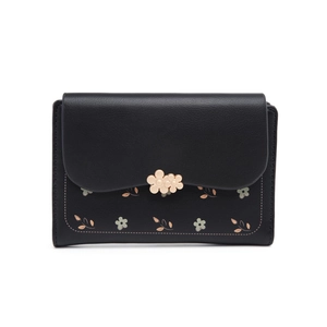 Floral print black leather wallet for women with wavy flap and golden flower buckle