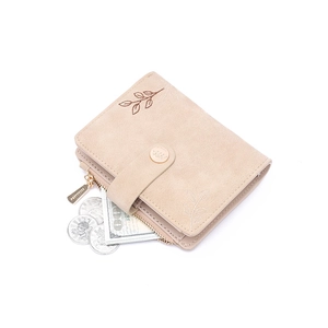 Short PU leather wallet for women with leaf embroidery and side zipper coin pocket