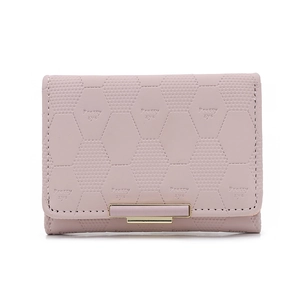 Detailed macro view of light pink PU wallet with hexagonal honeycomb embossed texture