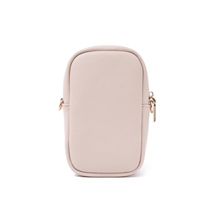Detail of lychee pattern PU leather phone pouch with gold zipper and D-ring connector