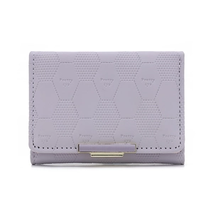 Close-up of light purple PU leather wallet with honeycomb texture and gold metal buckle