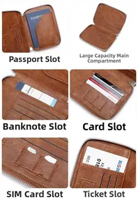 Detailed interior of brown leather passport wallet showing card slots and storage pockets
