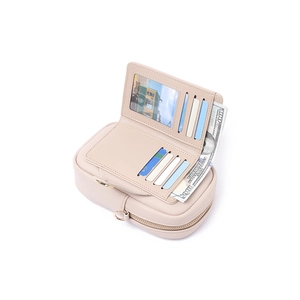 Internal layout of pink leather phone wallet with card slots and transparent photo window