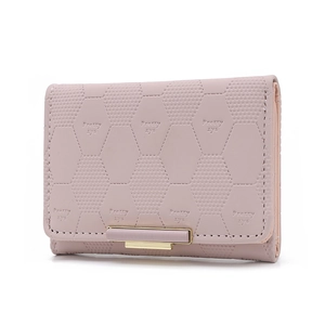 Minimalist light pink PU leather tri-fold wallet with hexagonal embossed pattern