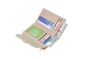Internal layout of floral wallet with multiple card slots and clear ID window view