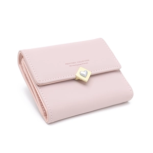 Petit portefeuille rose en cuir PU plié avec boucle cœur et lettrage de marque