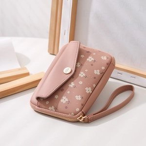 Floral print PU leather wallet with zipper, wrist strap and metal buckle detail