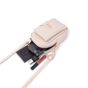Dual-layer beige pebbled PU leather waist bag and crossbody pouch for large smartphones