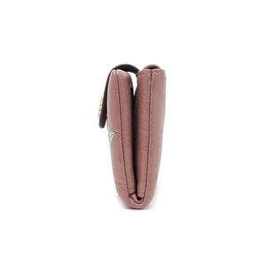 Side view of folding PU leather wallet with leaf print and metal buckle detail